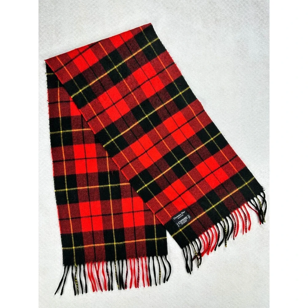 Christian Dior Monsieur Scarf Red Black Plaid Cashmaire Acrylic Vintage Japan